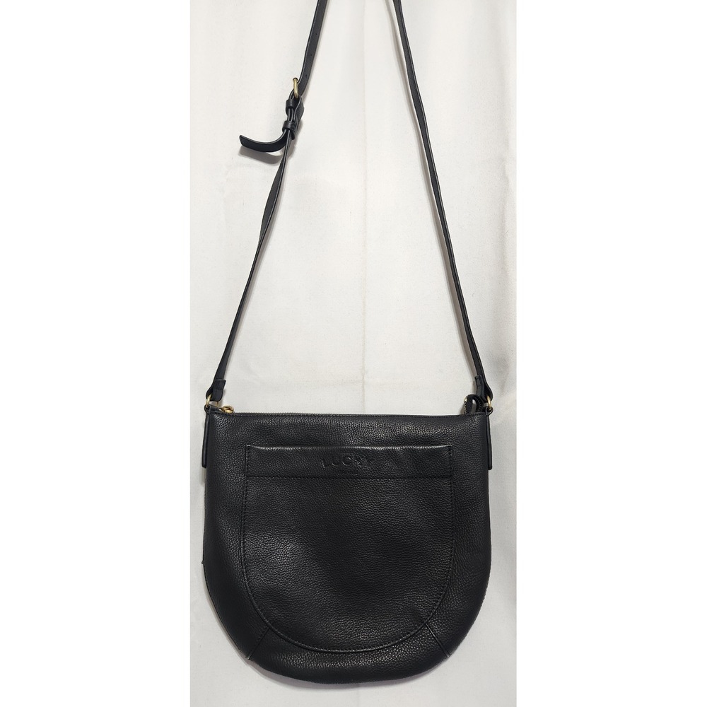 Lucky Brand Black Pebbled Leather Crossbody Bag Saddle Purse Adjustable Strap
